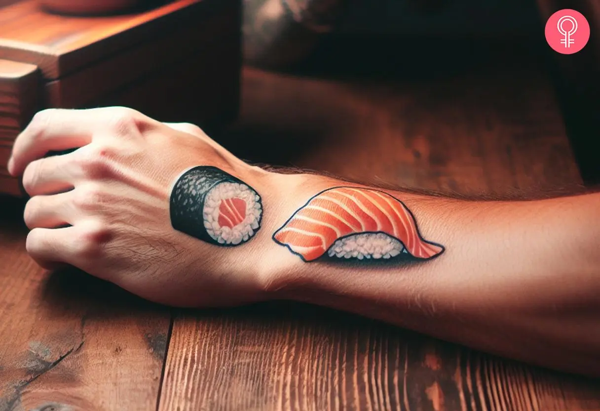 A man wearing a salmon sushi tattoo on his lower arm