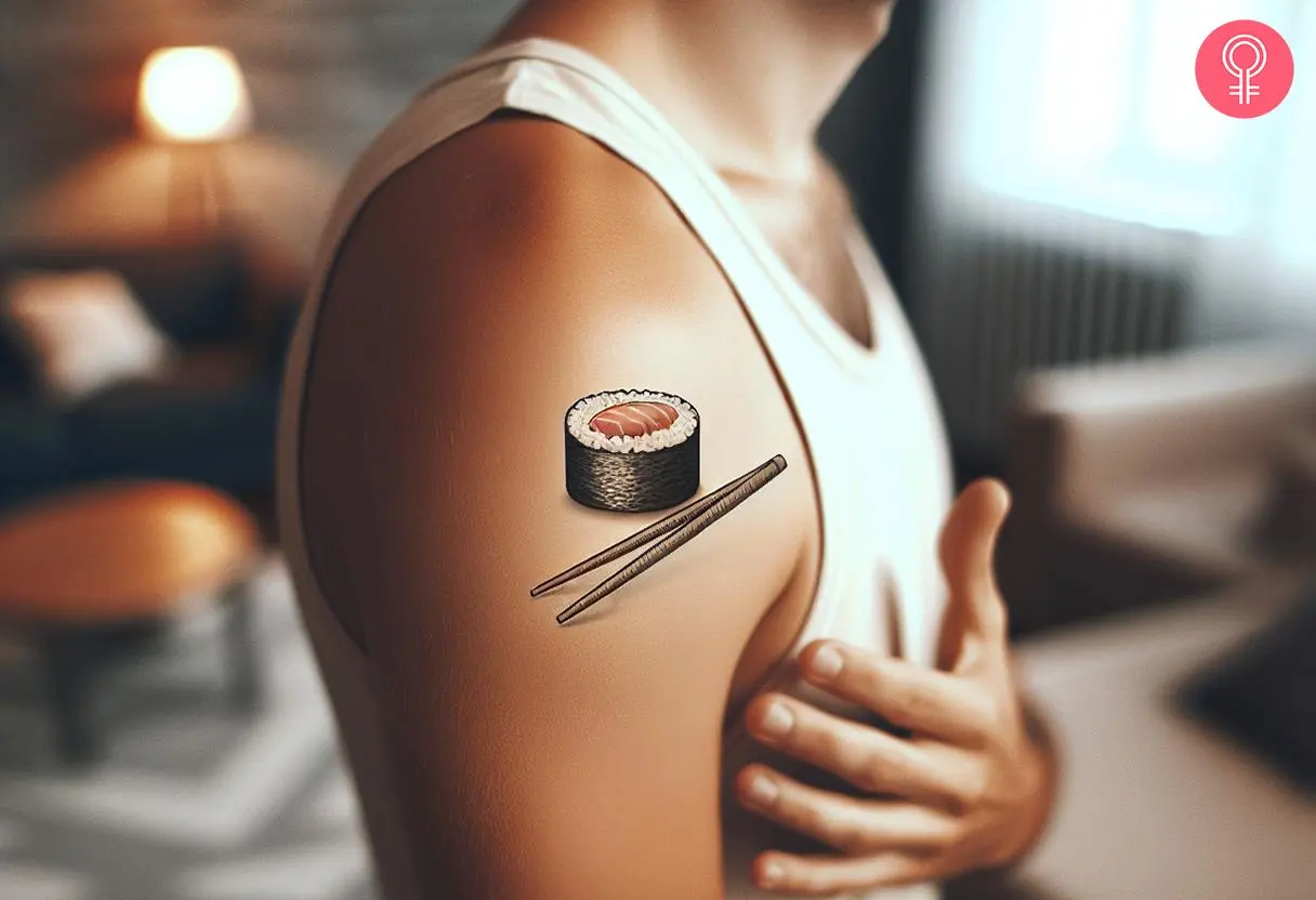 A man wearing a sushi tattoo on his shoulder