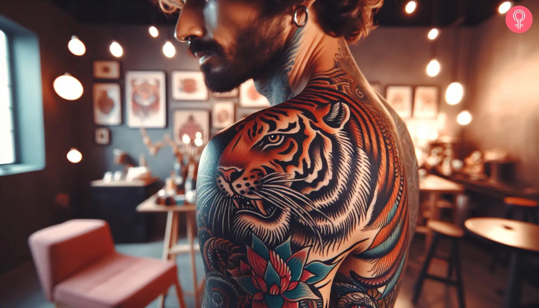 A man wearing a tiger shoulder tattoo.