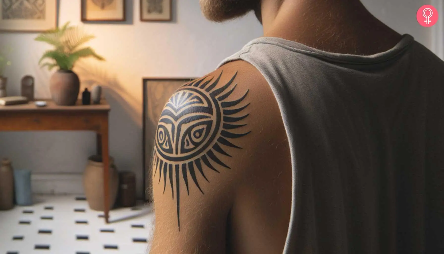 A man wearing a tribal shoulder tattoo on the upper arm.