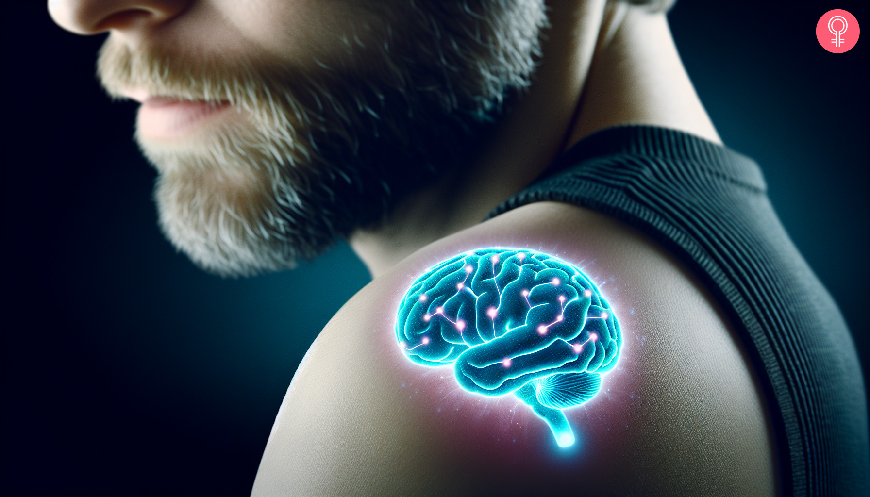 A man wearing an invisible ink glow-in-the-dark brain tattoo on his shoulder