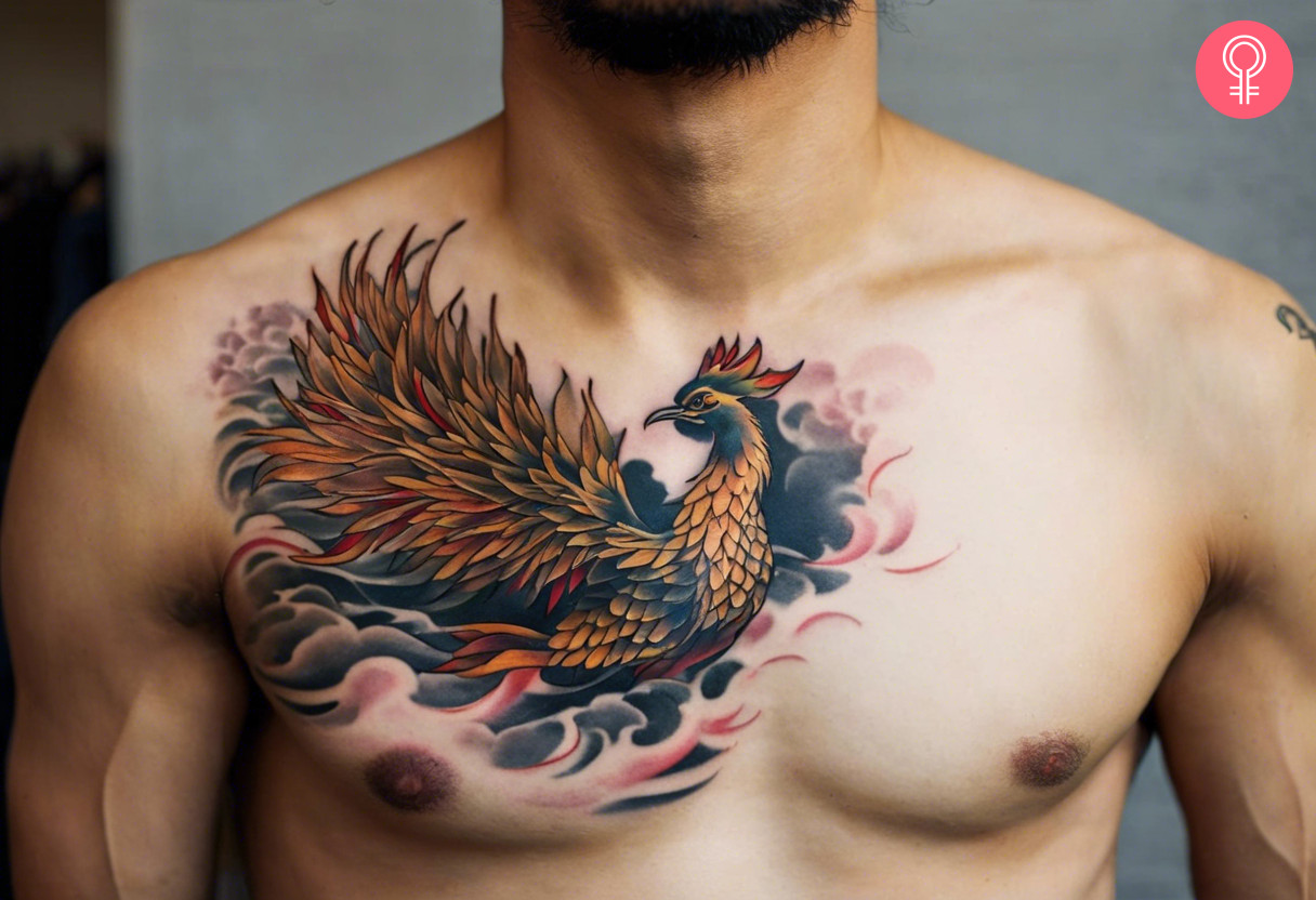 A man weathering a Japanese Phoenix chest tattoo