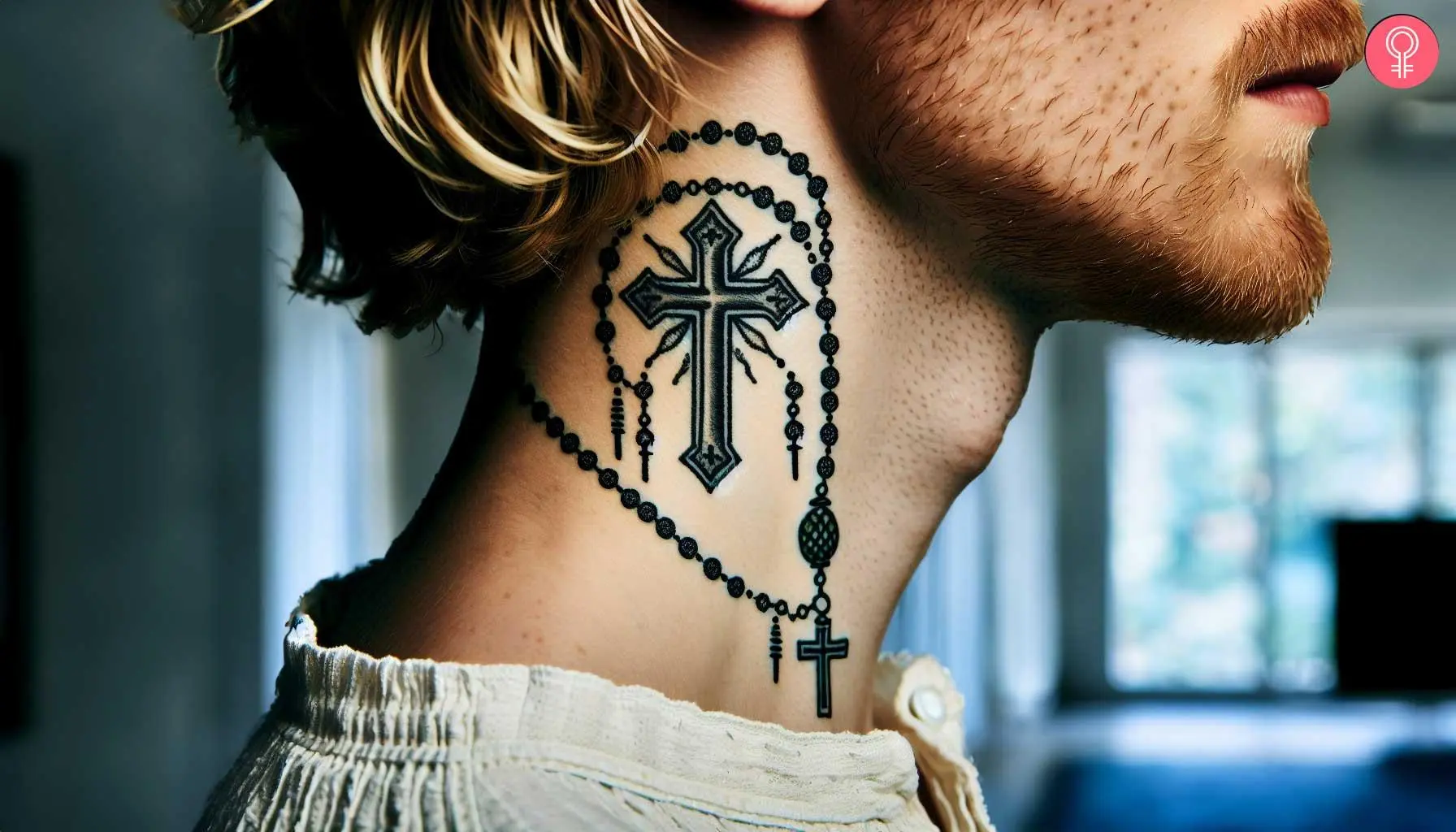 A man with a black rosary beads tattoo on his side neck