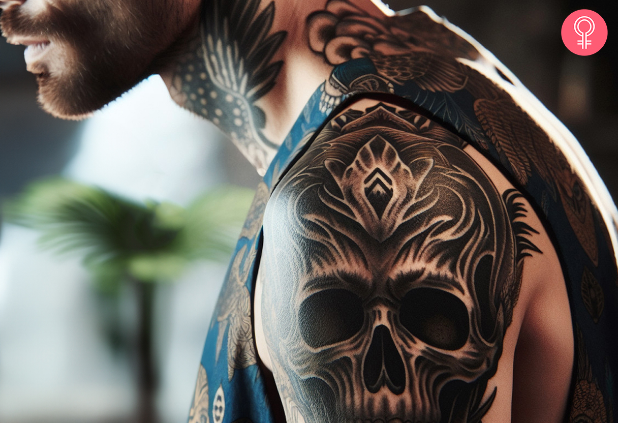 A man with a black skull shoulder cap tattoo