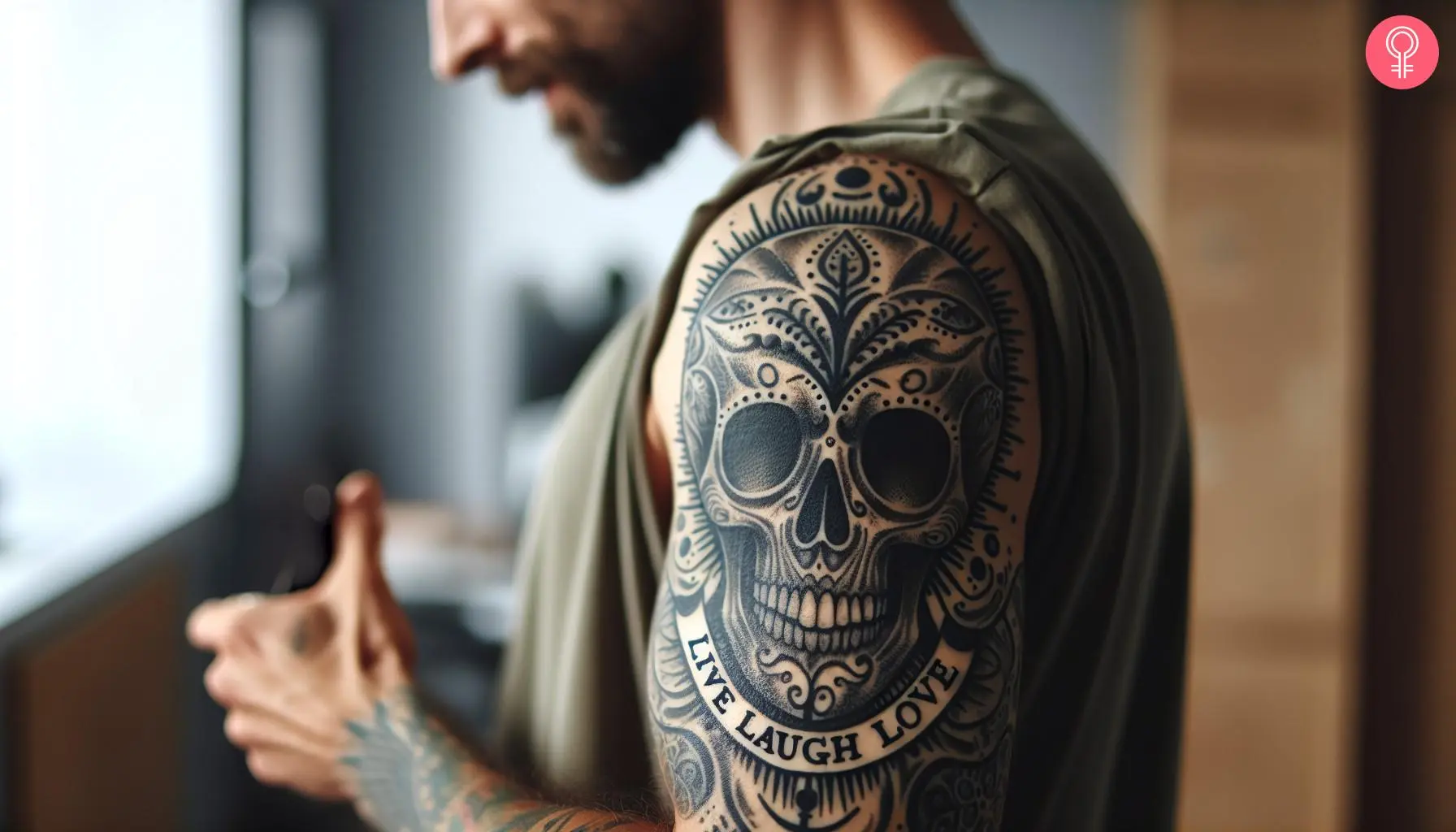 A man with a 'live laugh love' skull tattoo on his upper arm