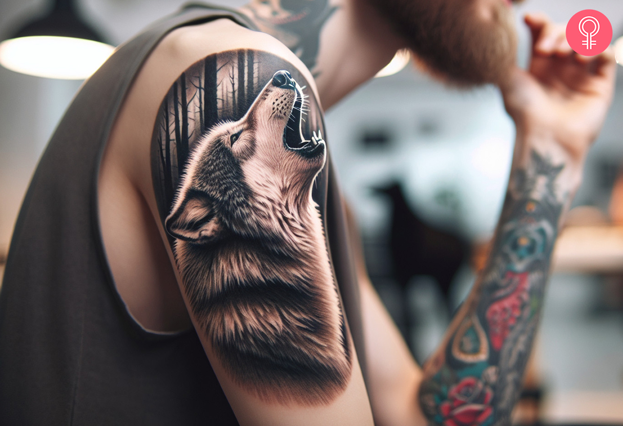 A man with a realistic howling wolf tattoo on his upper arm