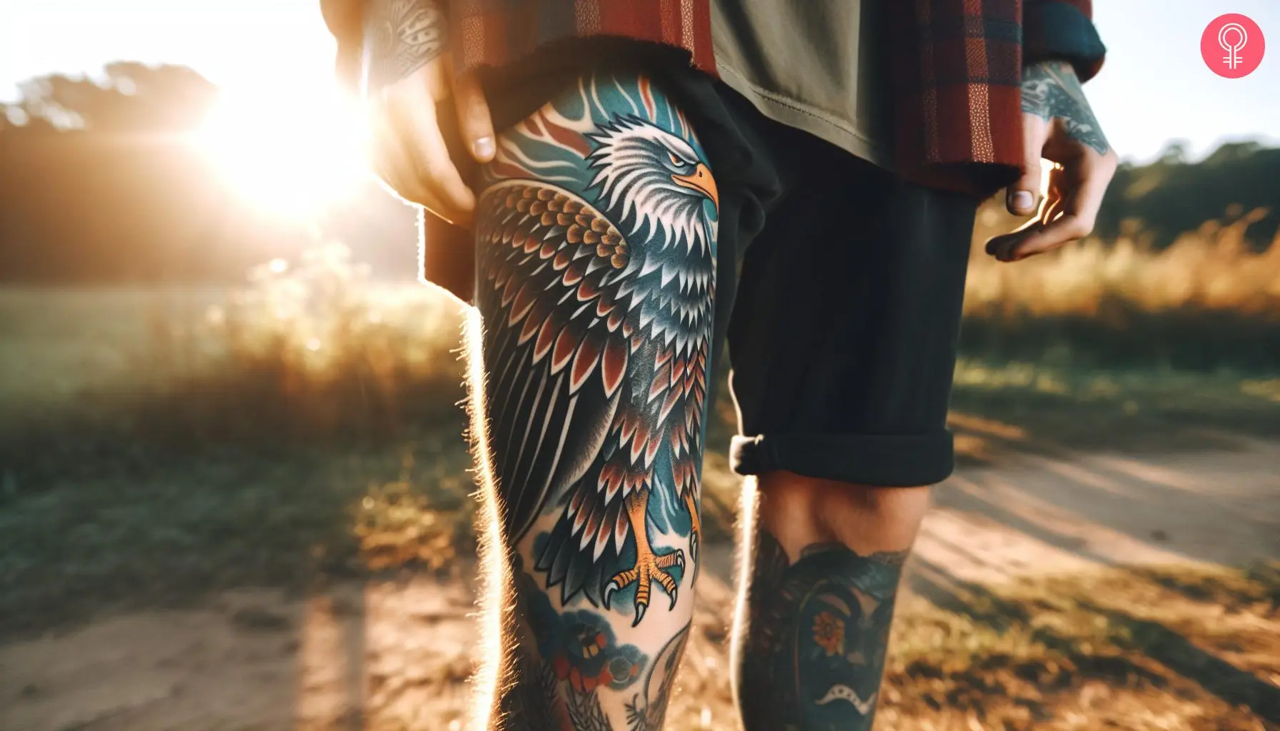 A man with an American traditional eagle thigh tattoo