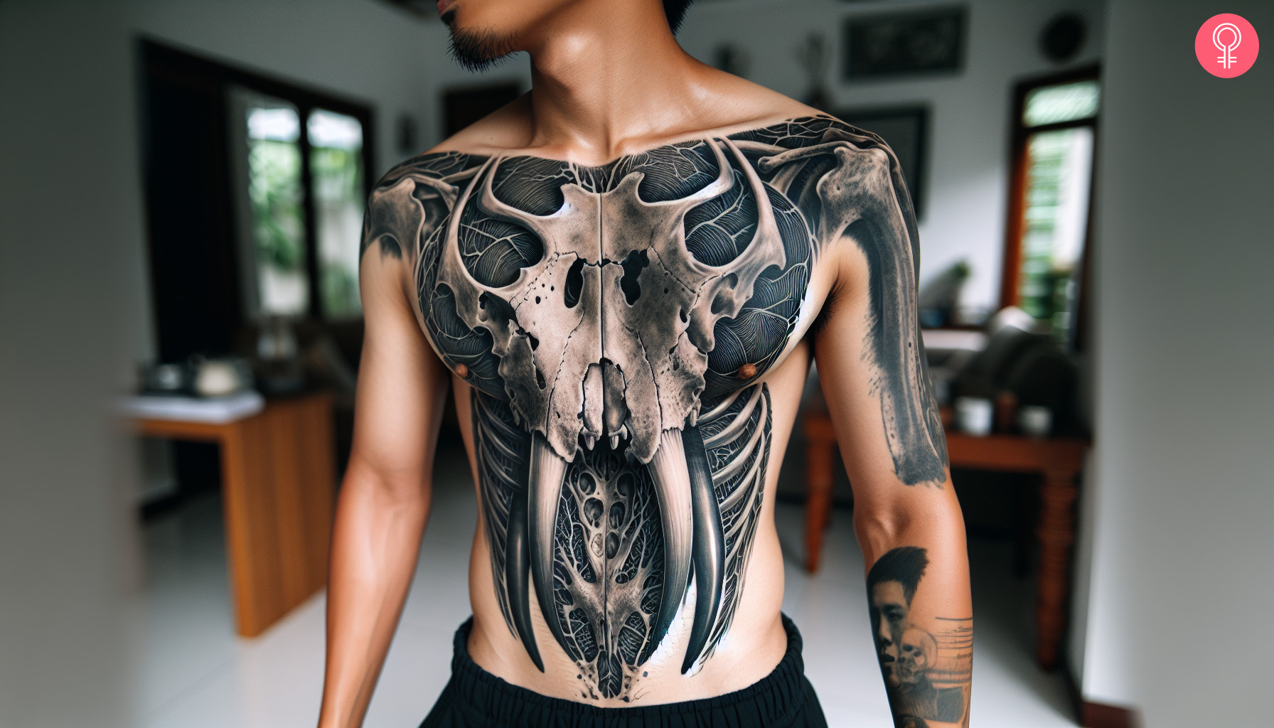 A man with an abstract chest tattoo of an animal skull