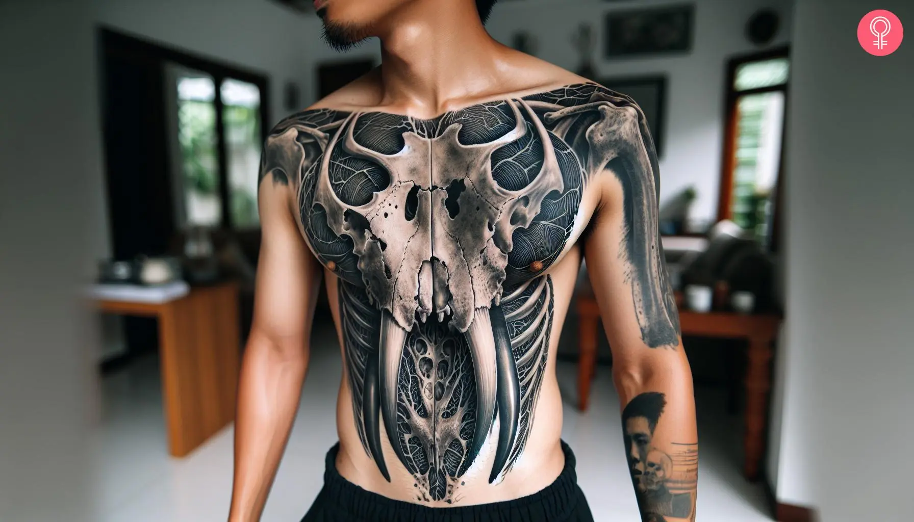 A man with an abstract chest tattoo of an animal skull