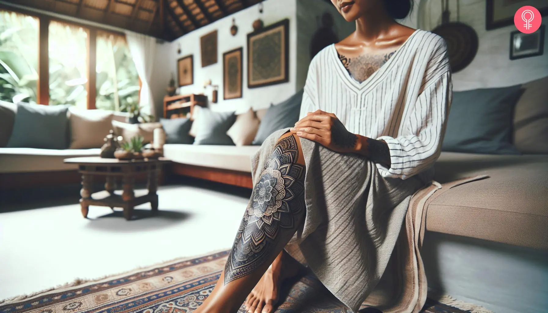 A mandala art concept tattoo on a woman’s leg