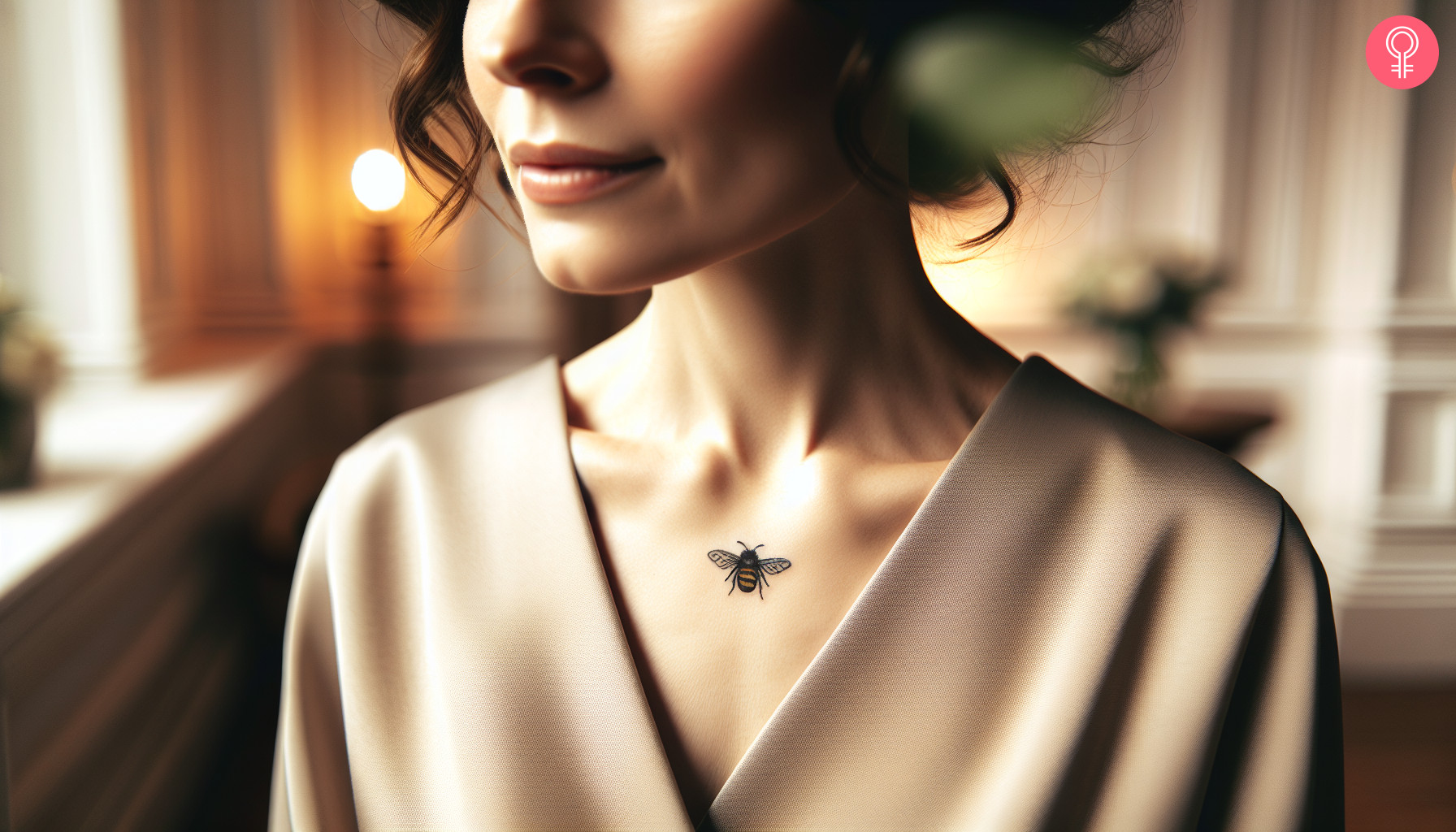 A minimalist bee tattoo near the collarbone of a woman