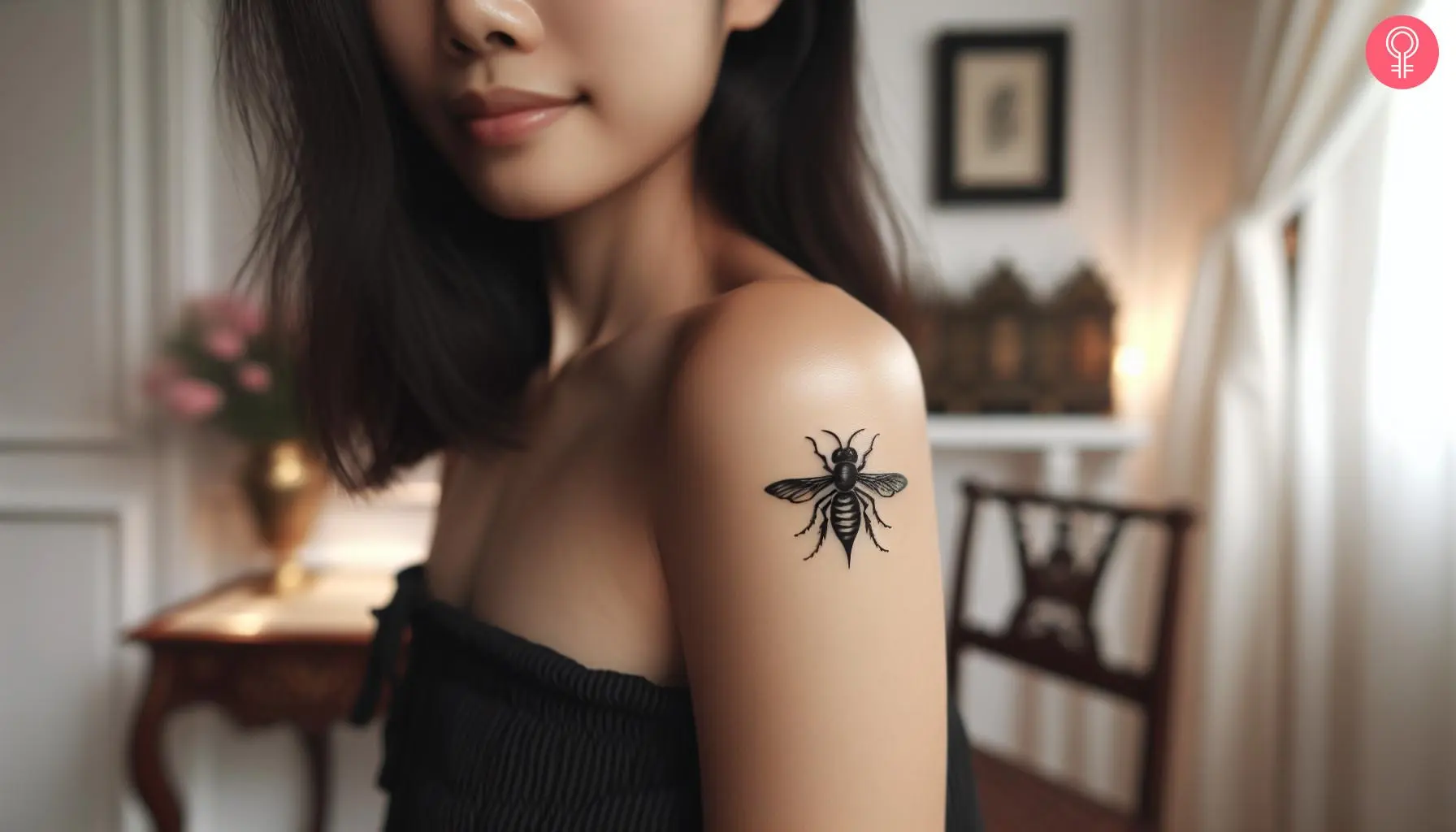 A minimalist black hornet tattoo on the upper arm of a woman