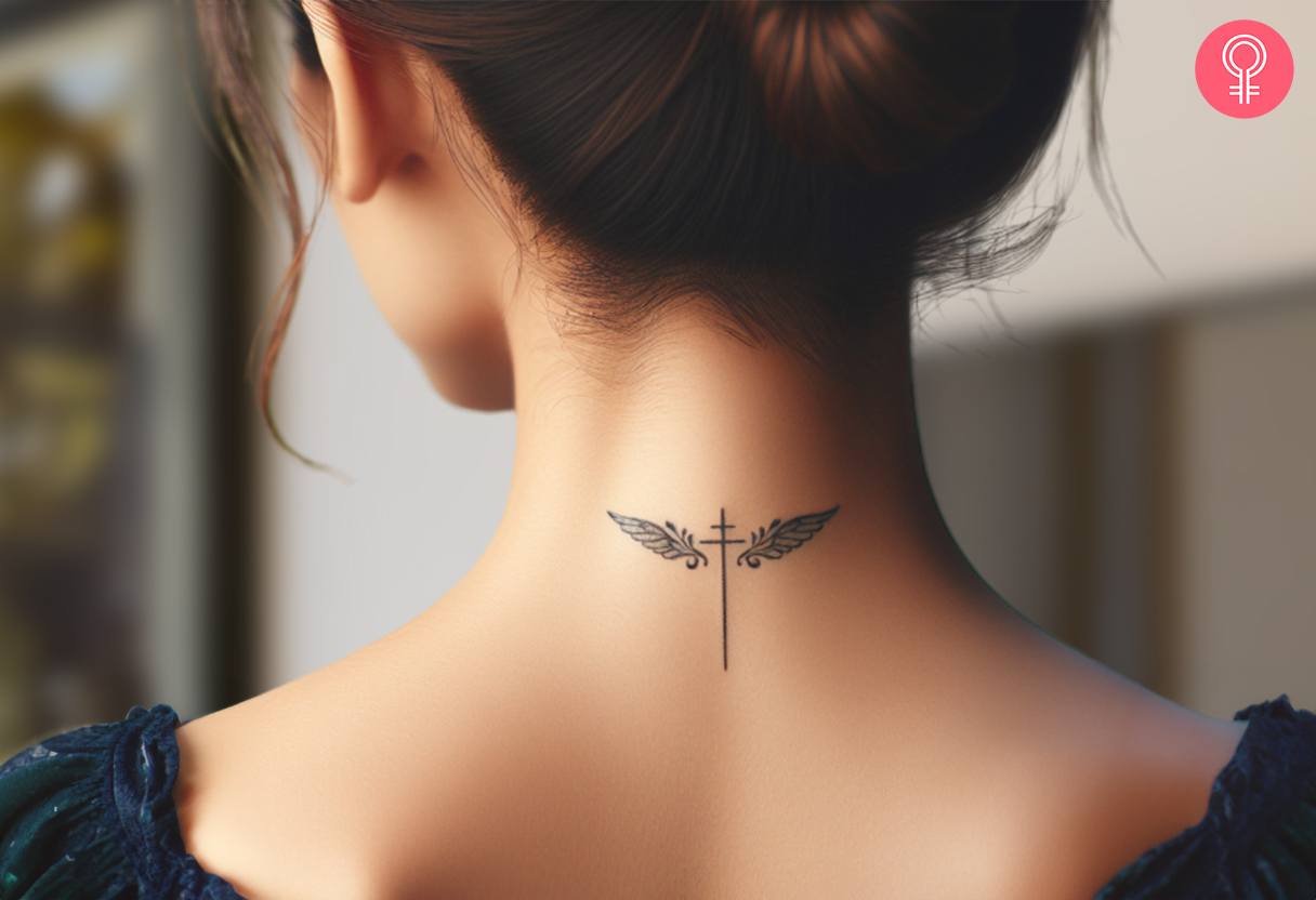 A minimalist cross tattoo with wings inked on a woman’s nape