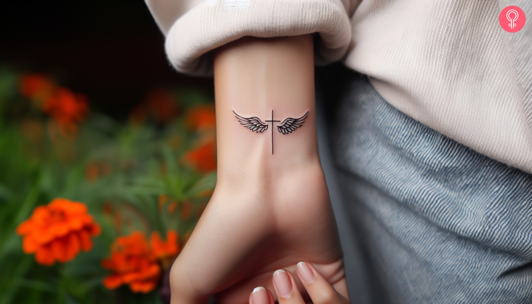 A minimalist cross tattoo with wings inked on the forearm