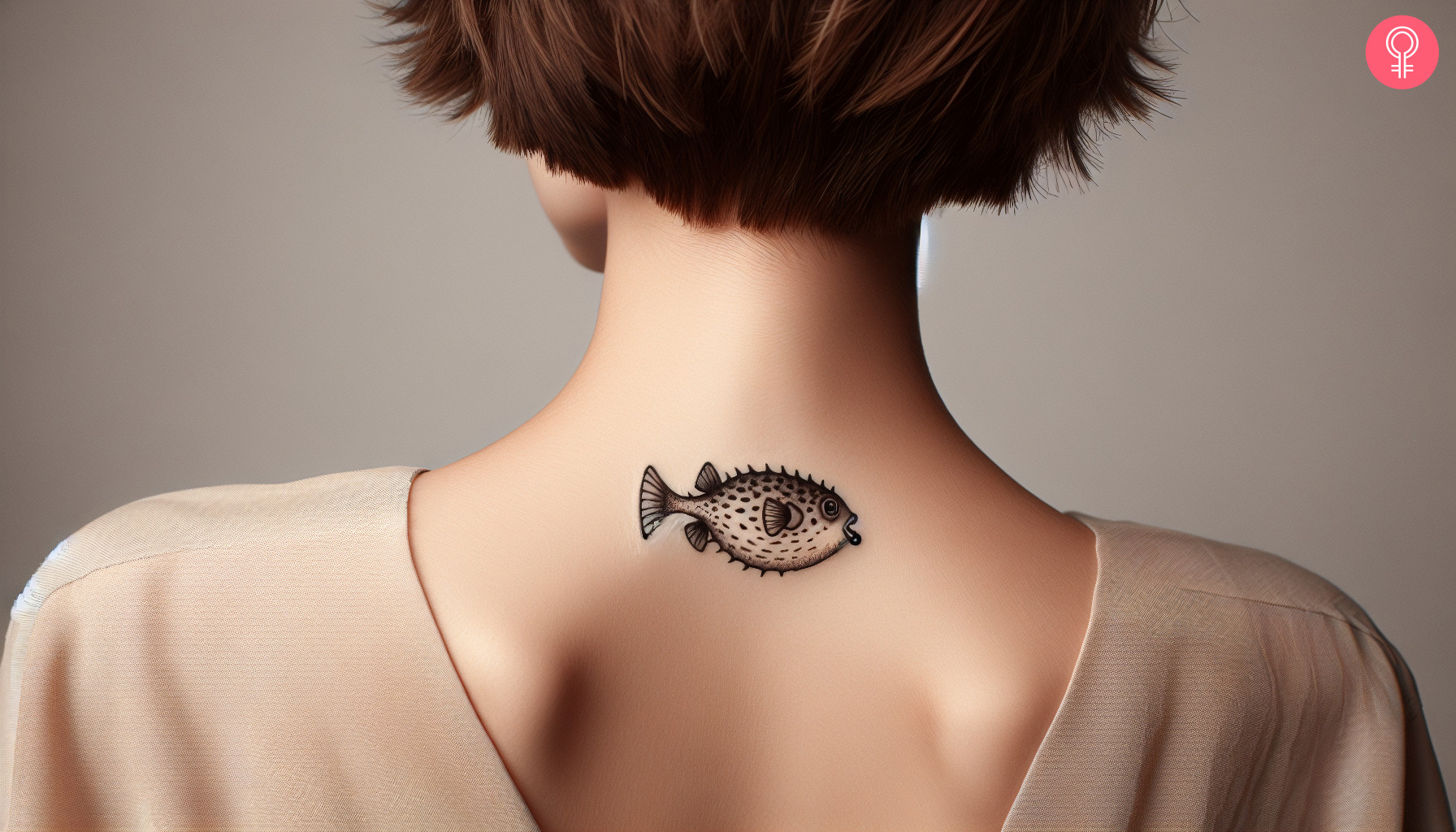 A minimalist puffer fish inked on the back of the neck