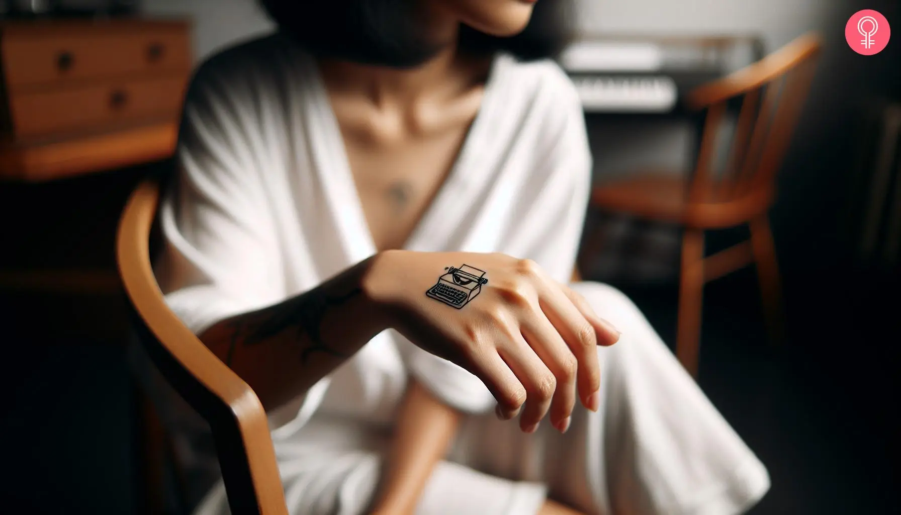 A minimalist tattoo of a typewriter with a blank paper