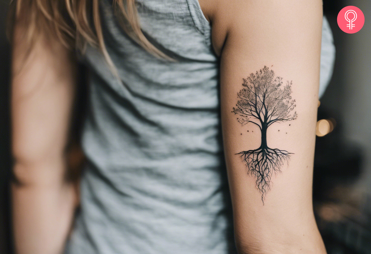 A minimalist tree with root tattoo on a woman’s arm