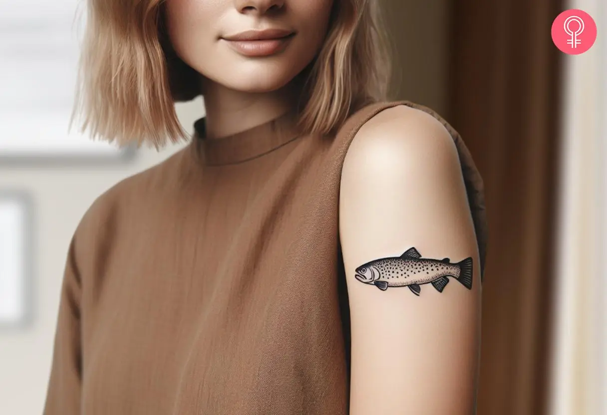 A minimalist trout inked on a woman’s upper arm.