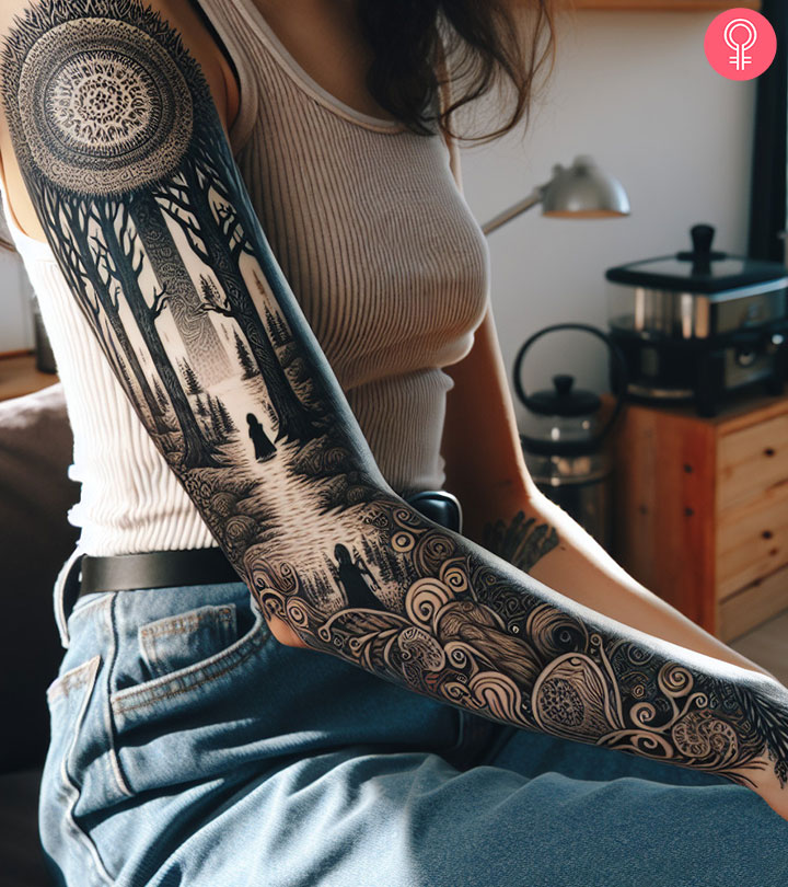 A mystical jungle concept tattoo on a woman’s arm