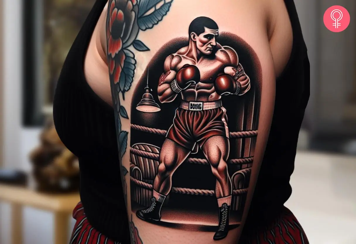 A neo-traditional boxer tattoo on a woman’s bicep