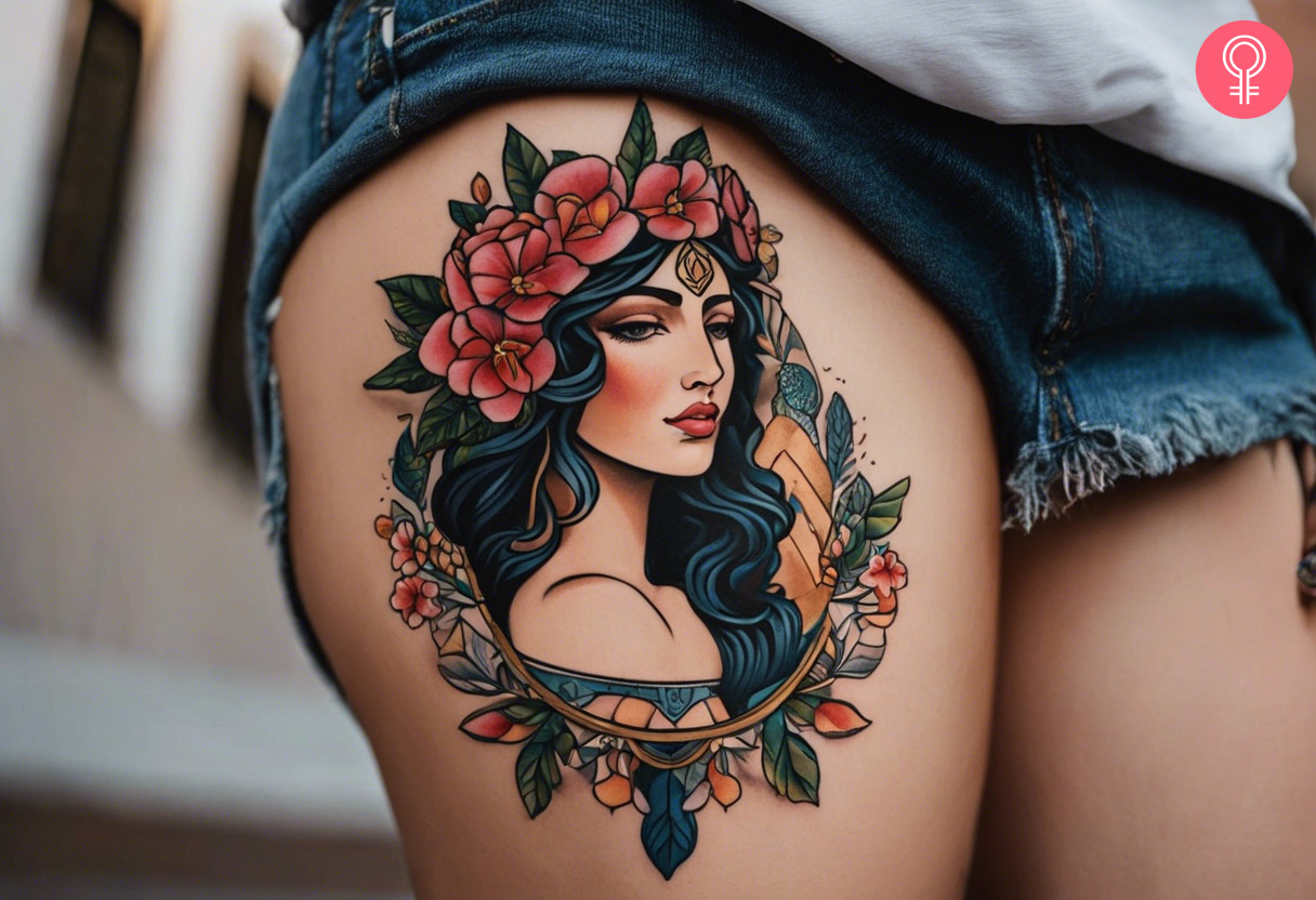 A neotraditional Persephone tattoo on the thigh