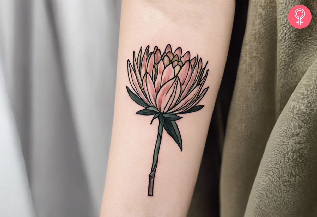 A pink protea tattoo inked on the forearm