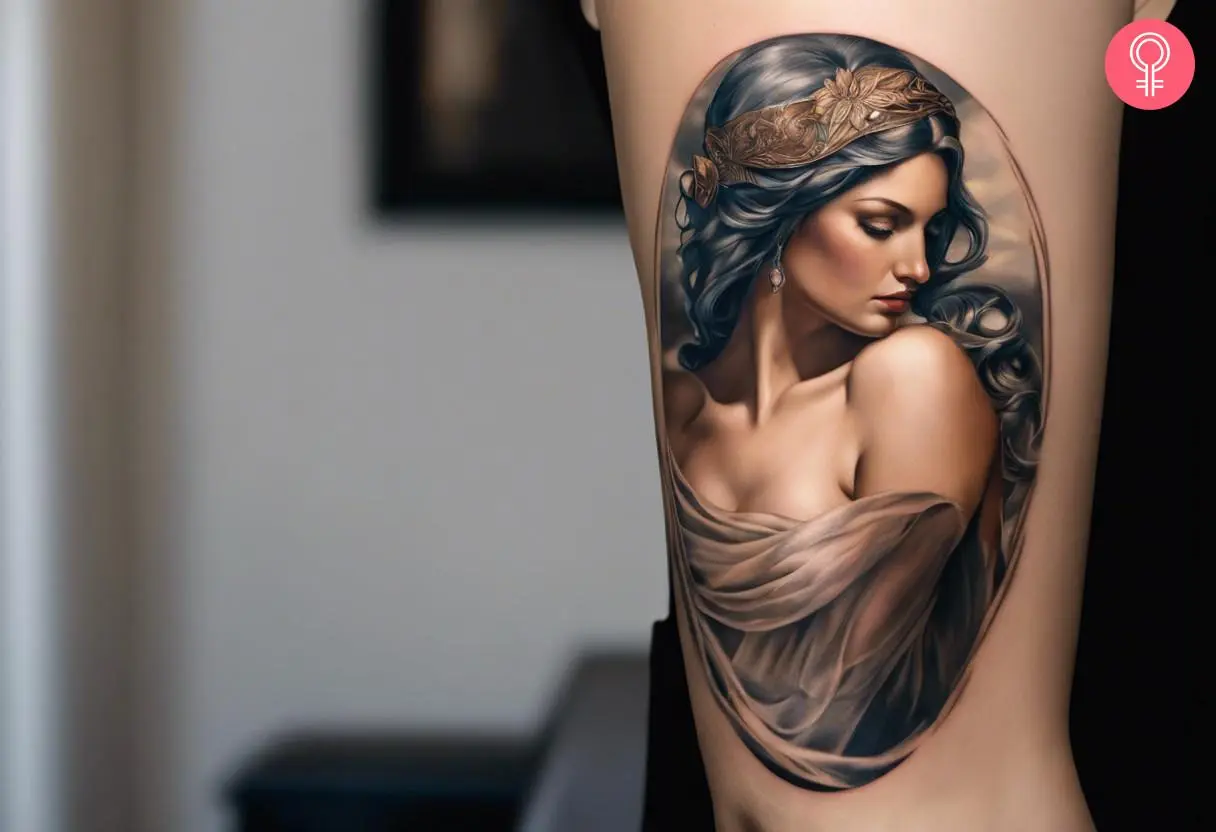 A realistic Aphrodite tattoo on the arm of a woman