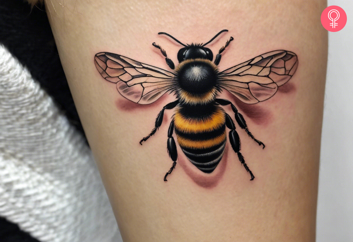 A realistic bee tattoo on the arm of a woman