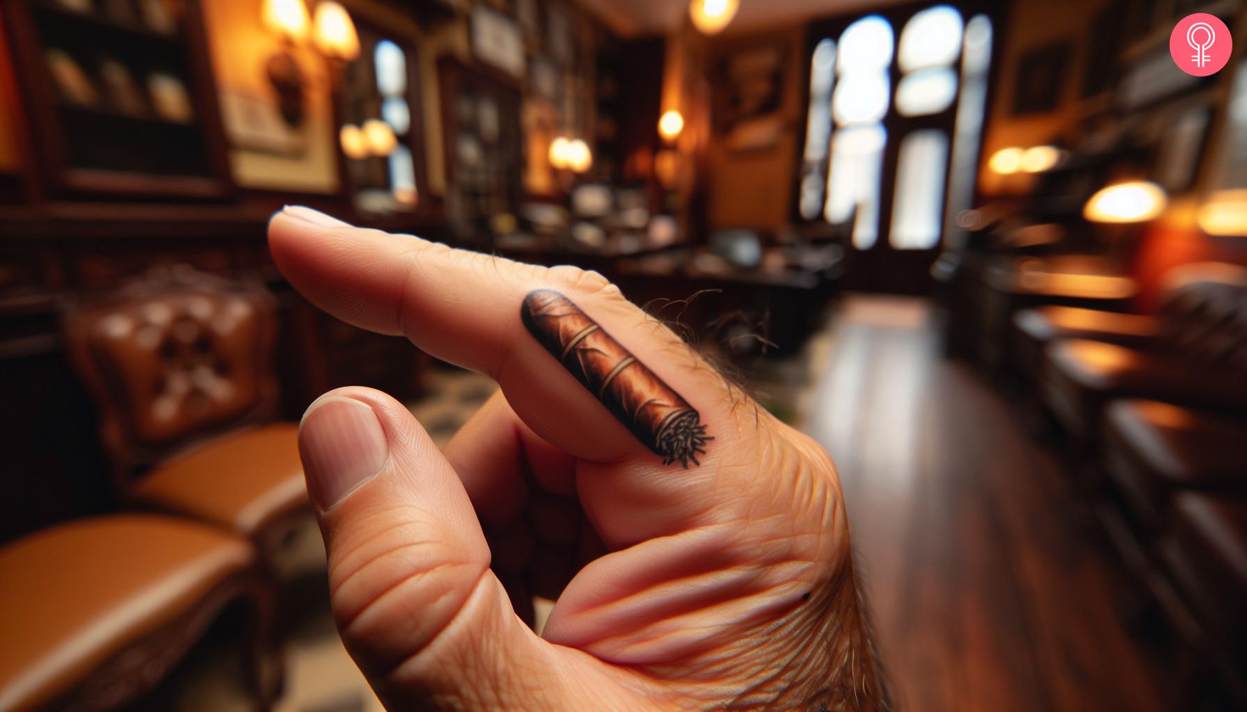 A realistic cigar tattoo on the index finger