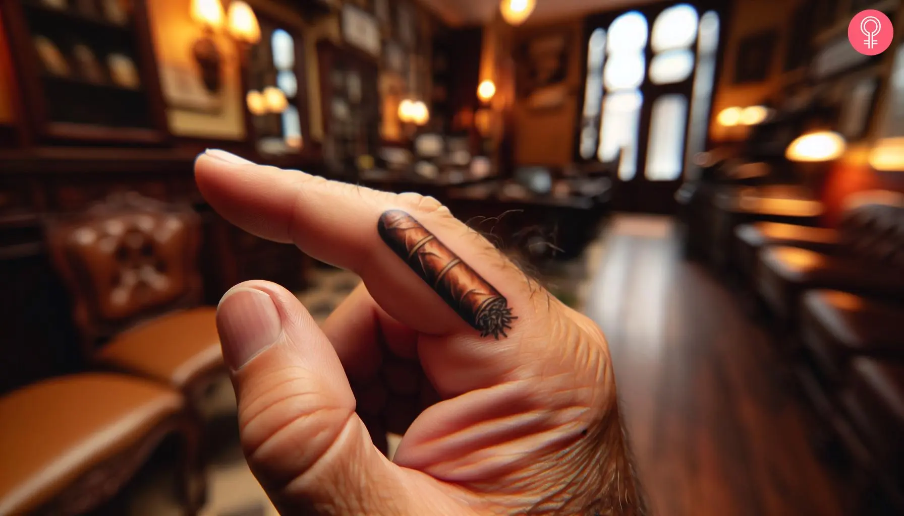 A realistic cigar tattoo on the forefinger