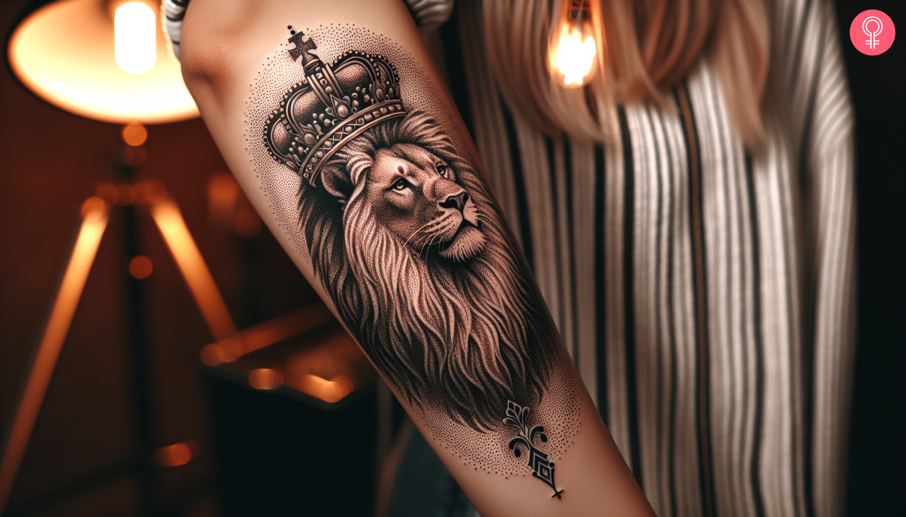 A realistic dotwork lion with crown tattoo on the back of the forearm