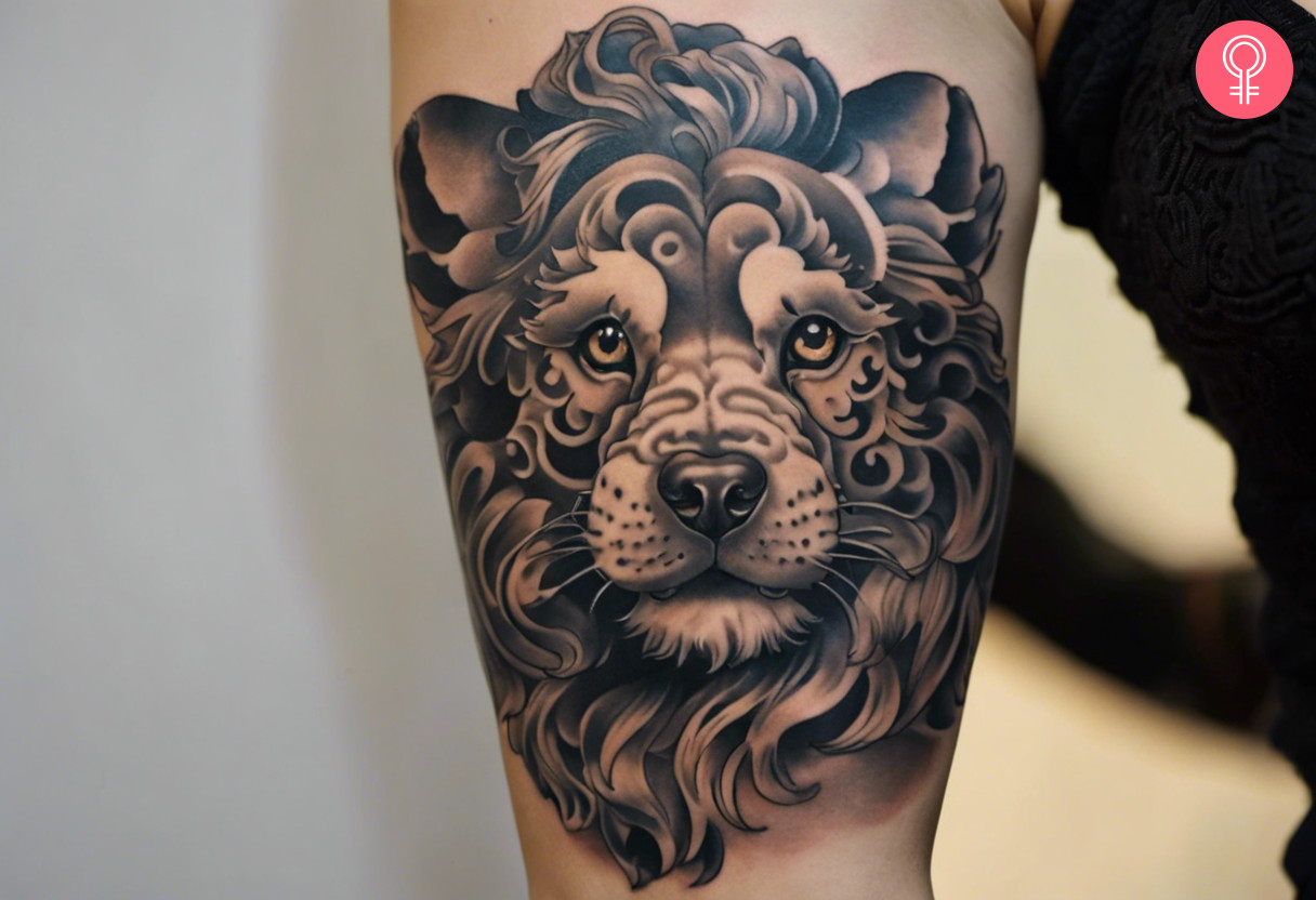 A realistic foo dog tattoo on the arm