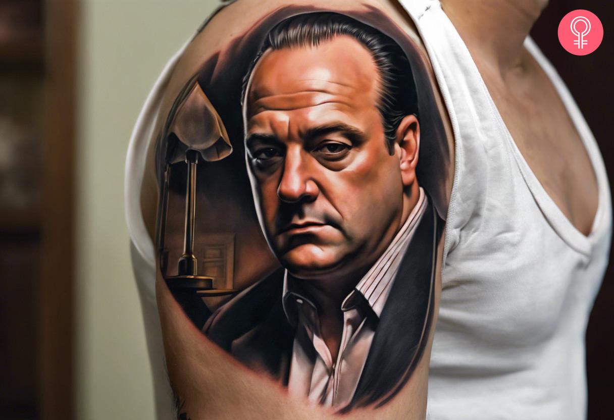 A realistic portrait of Tony Soprano tattooed on the shoulder cuff