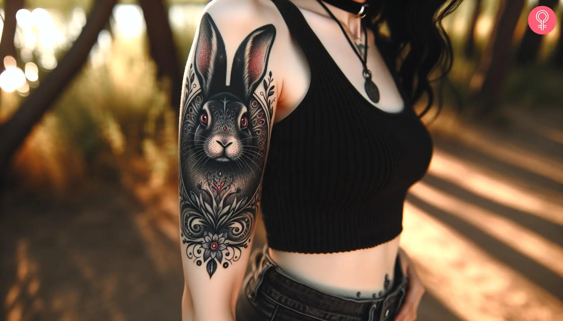 A realistic rabbit tattoo with red eyes on the upper arm of a woman