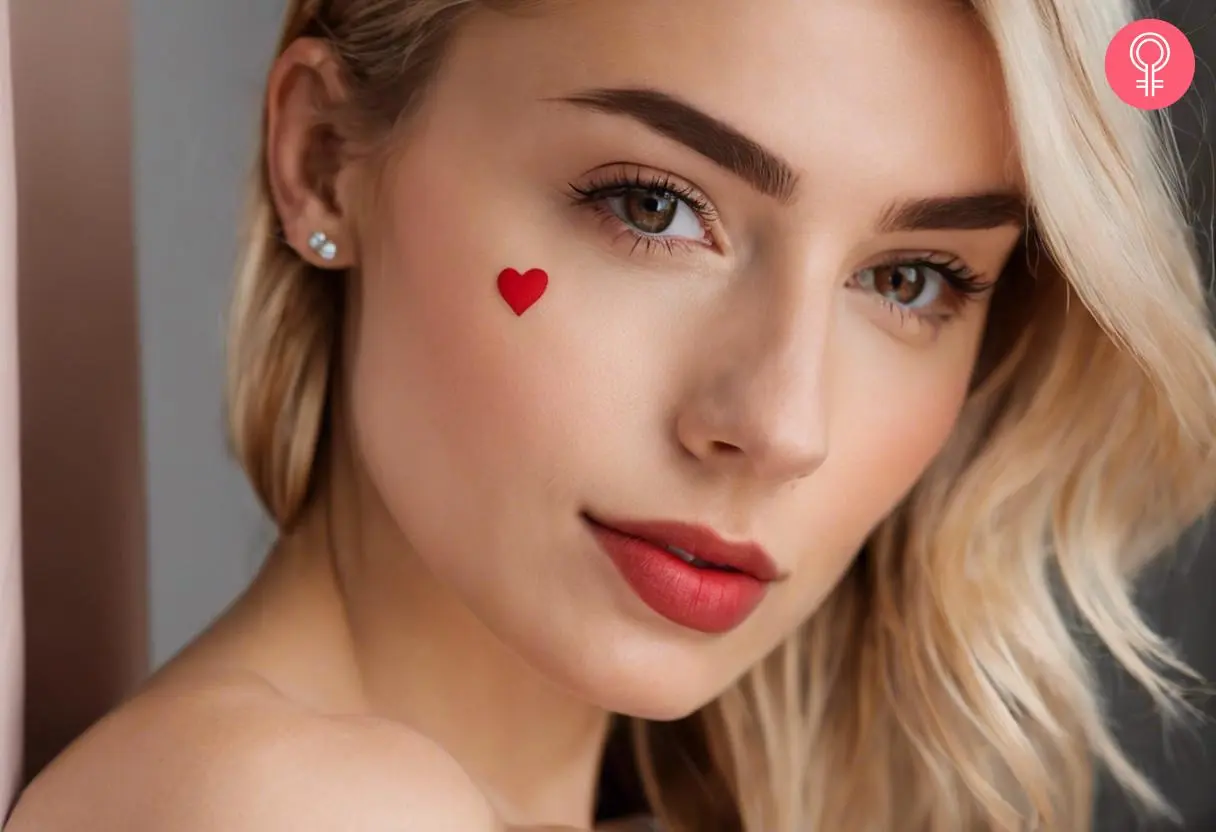 A red heart tattoo on the cheekbone