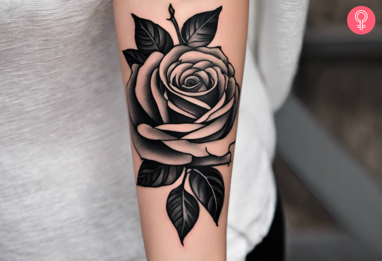 A shaded black ink rose tattoo