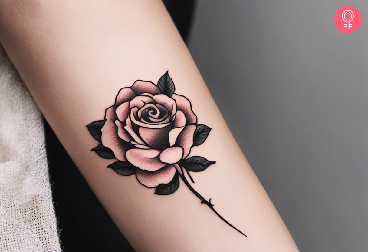 A shaded rose tattoo on the forearm