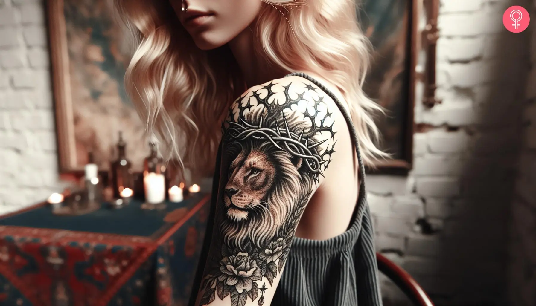 A side portrait of a lion with a crown of thorns tattoo on the upper arm