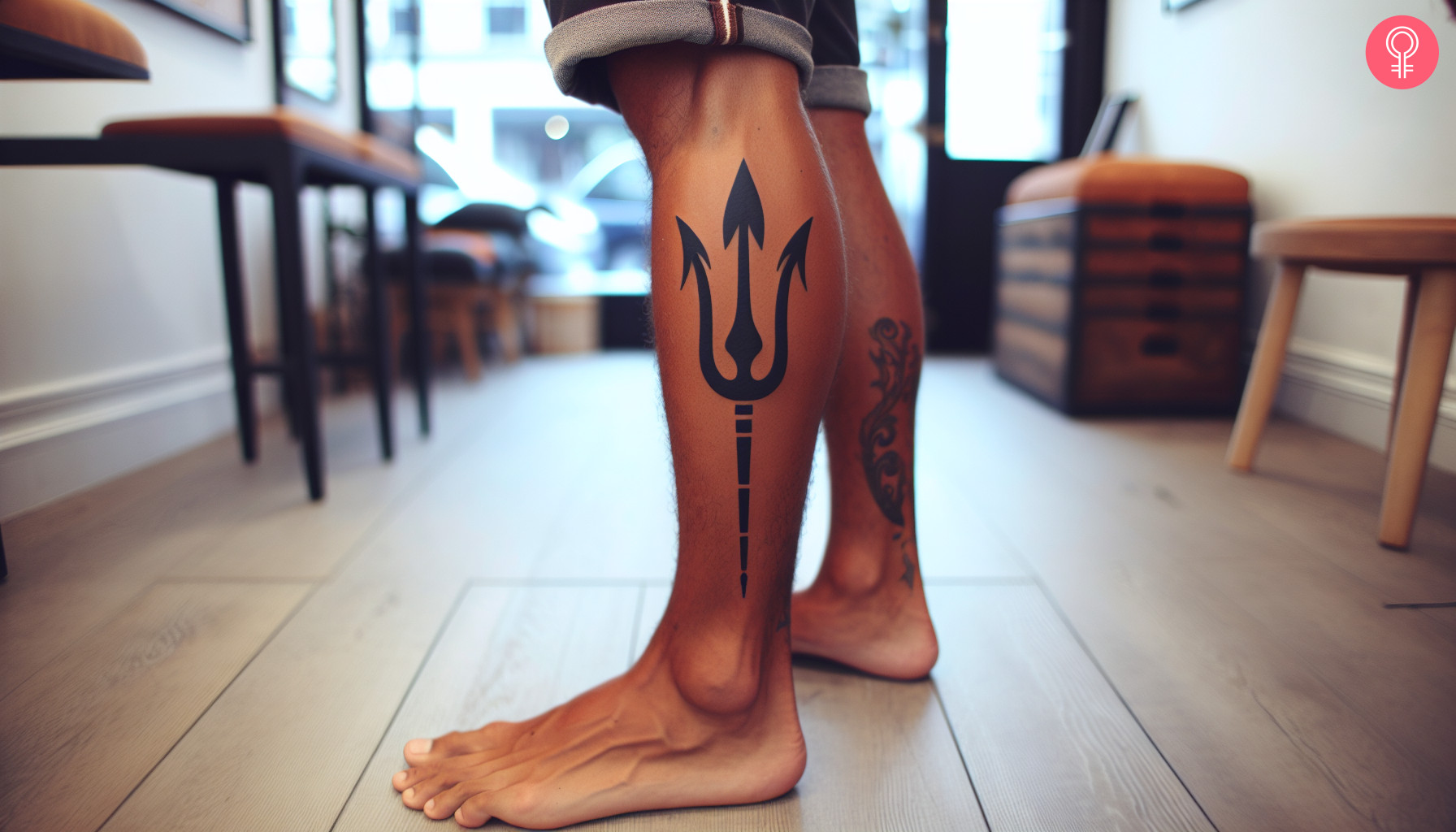 A simple bold black ink trident tattoo on the calf