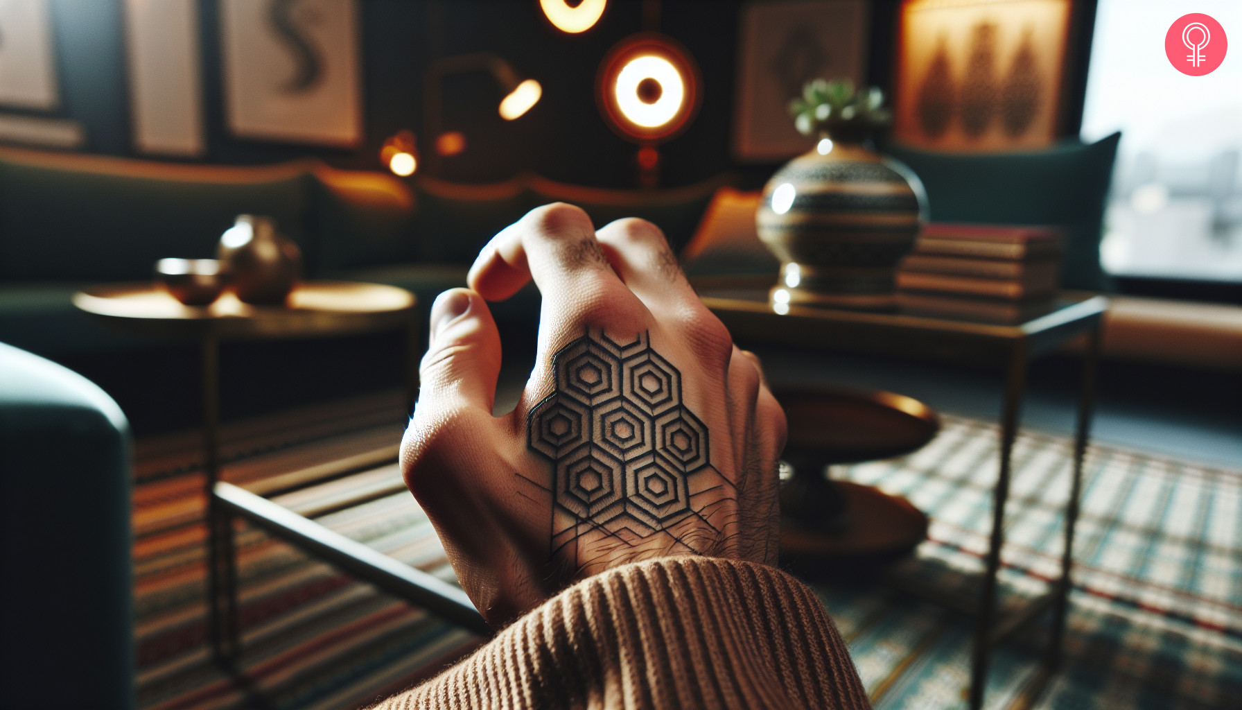 A simple concentric hexagon tattoo on the back of the hand