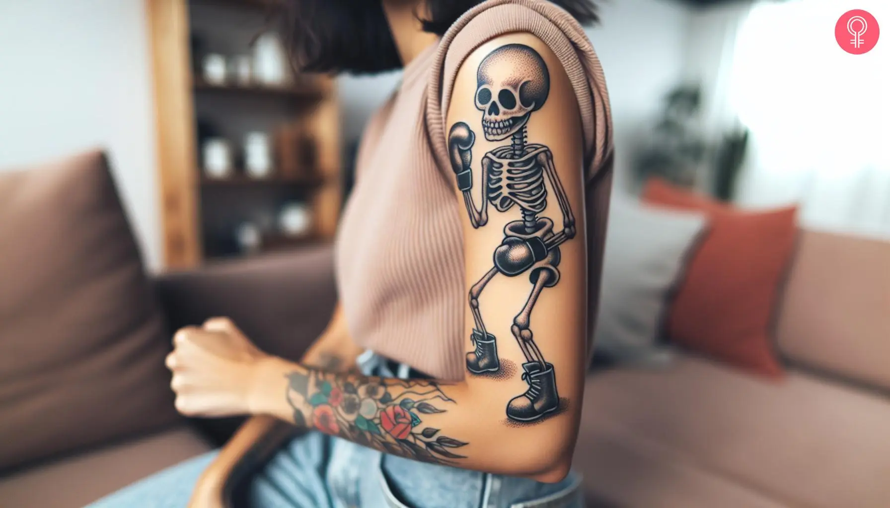 A skeleton boxer tattoo on a woman’s bicep