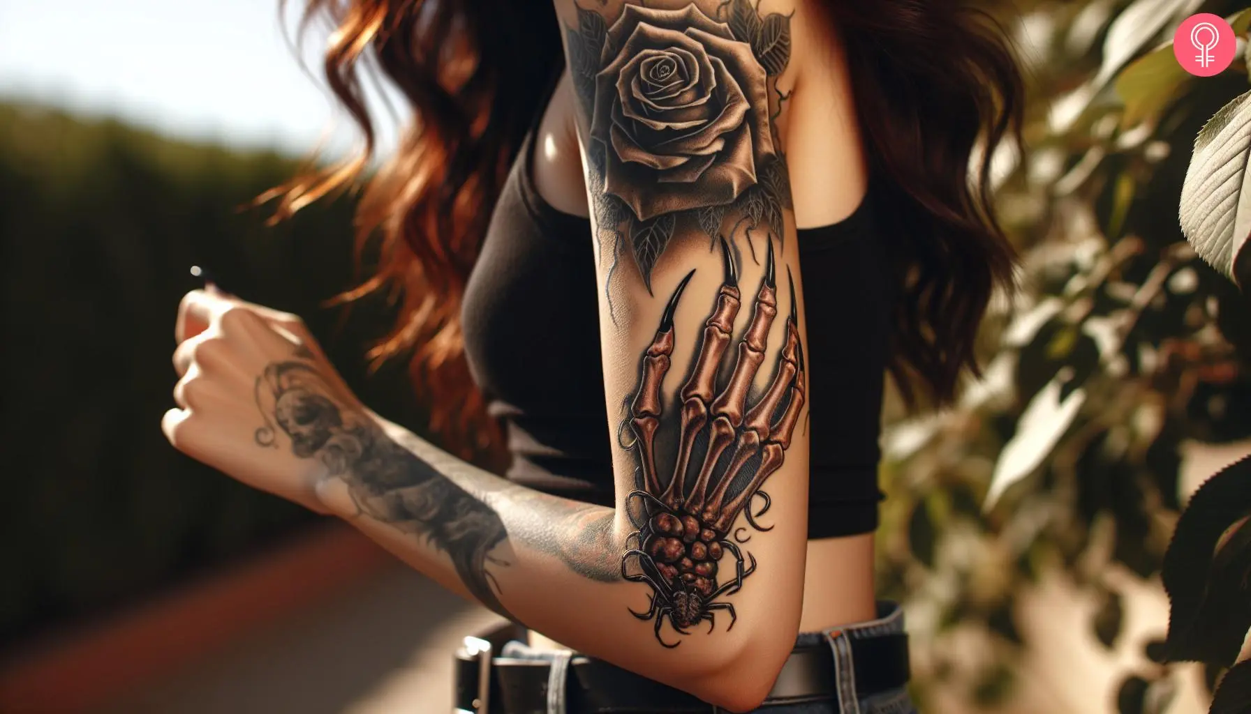 A sleeve tattoo featuring a decayed rose and a skeleton hand