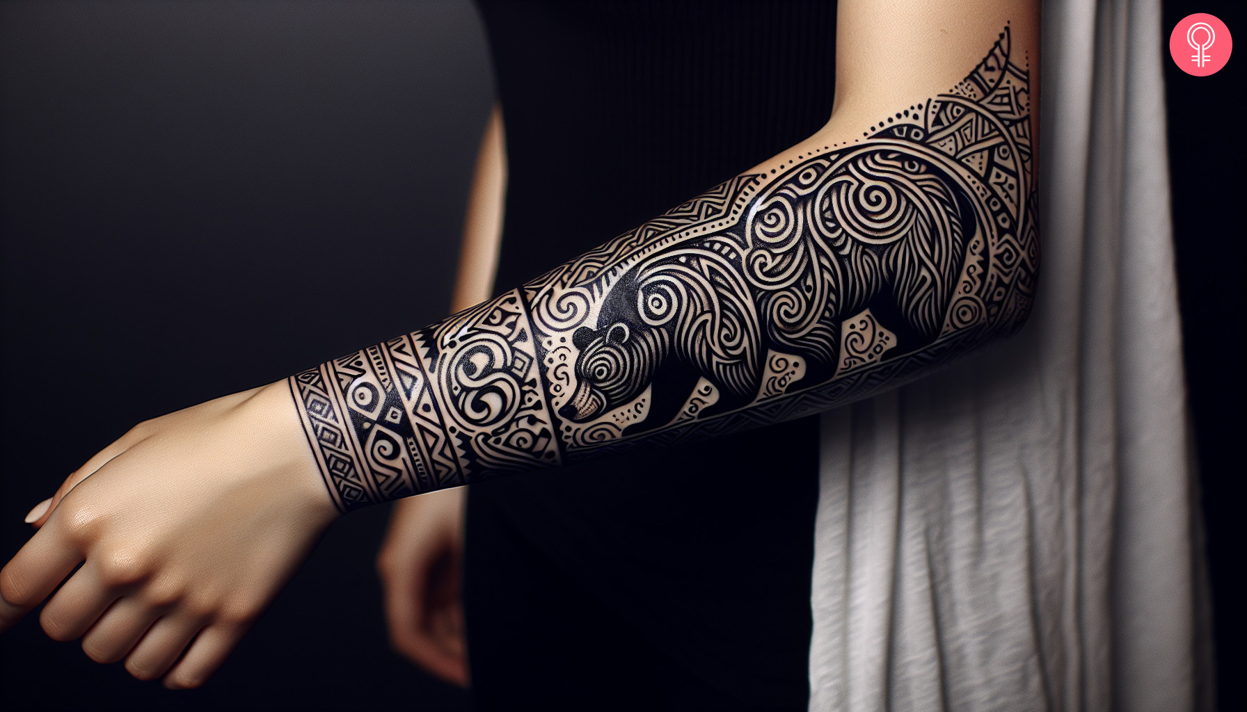 A sleeve tattoo of a tribal Norse beer