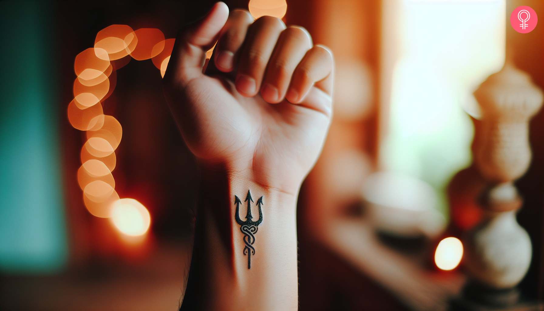 A small Poseidon trident tattoo on the wrist