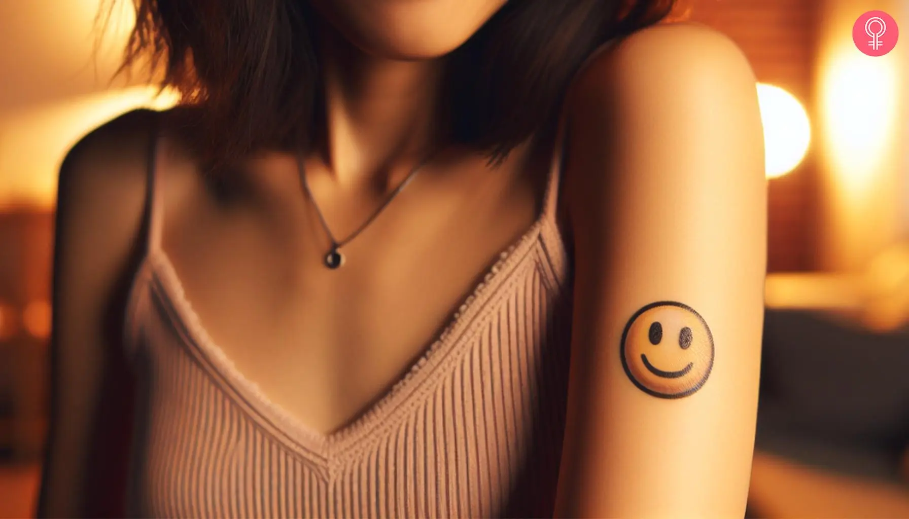 A smile emoji tattoo on a woman’s bicep