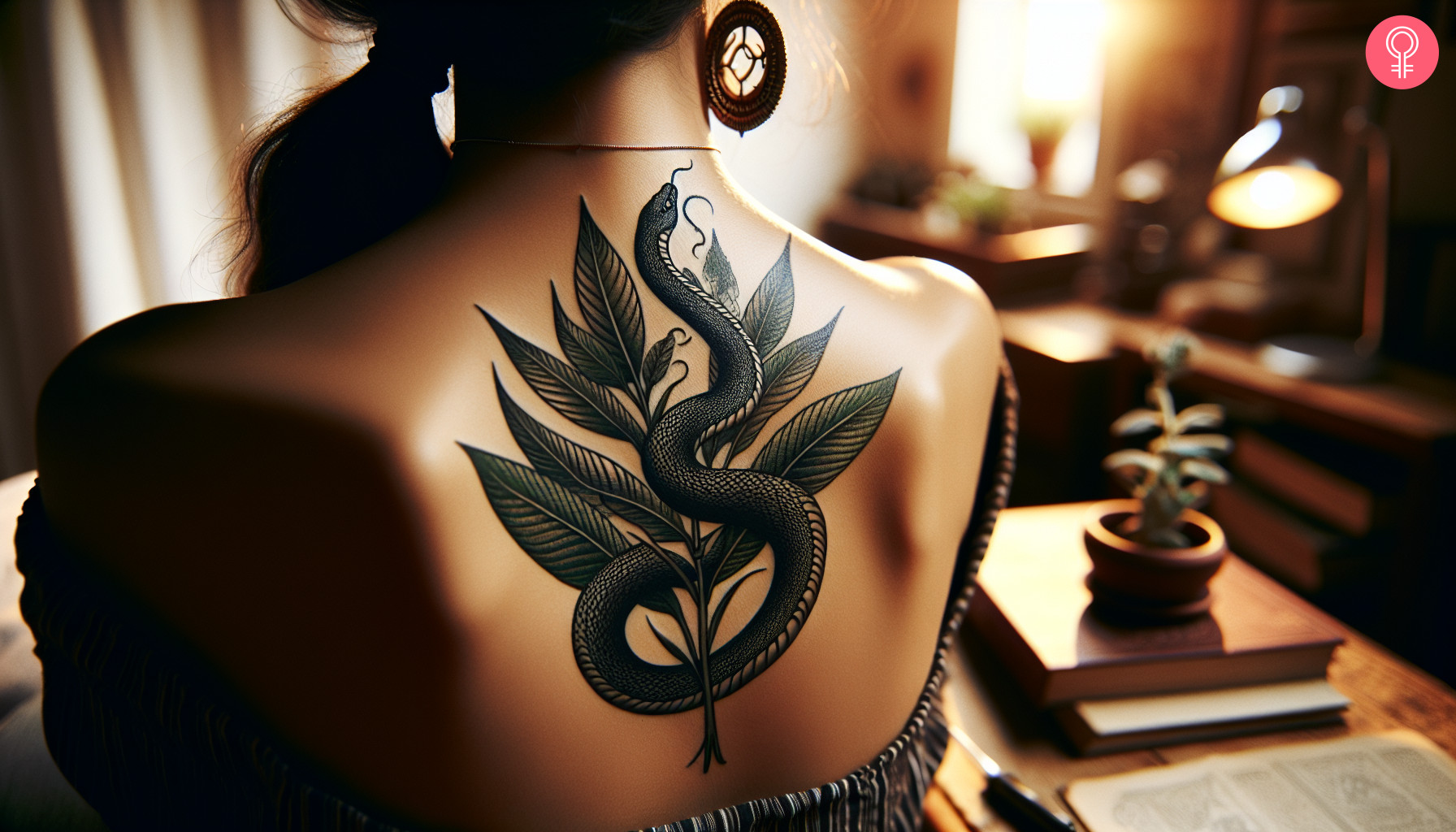 A tattoo of a serpent coiled around a stem of sage on the back