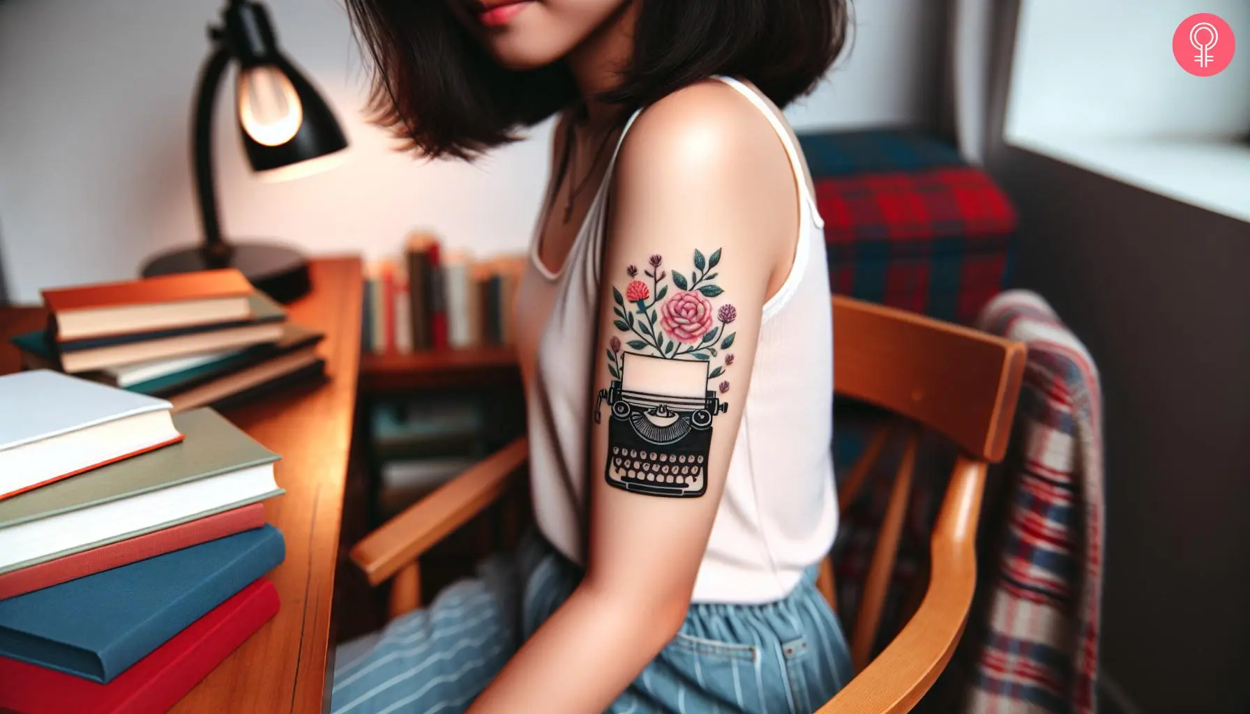 A tattoo of a typewriter with floral elements