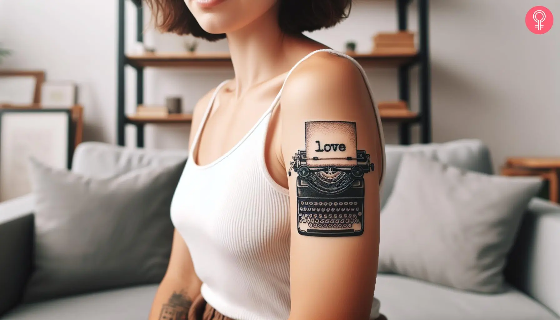 A tattoo of a typewriter with the word love written on the paper