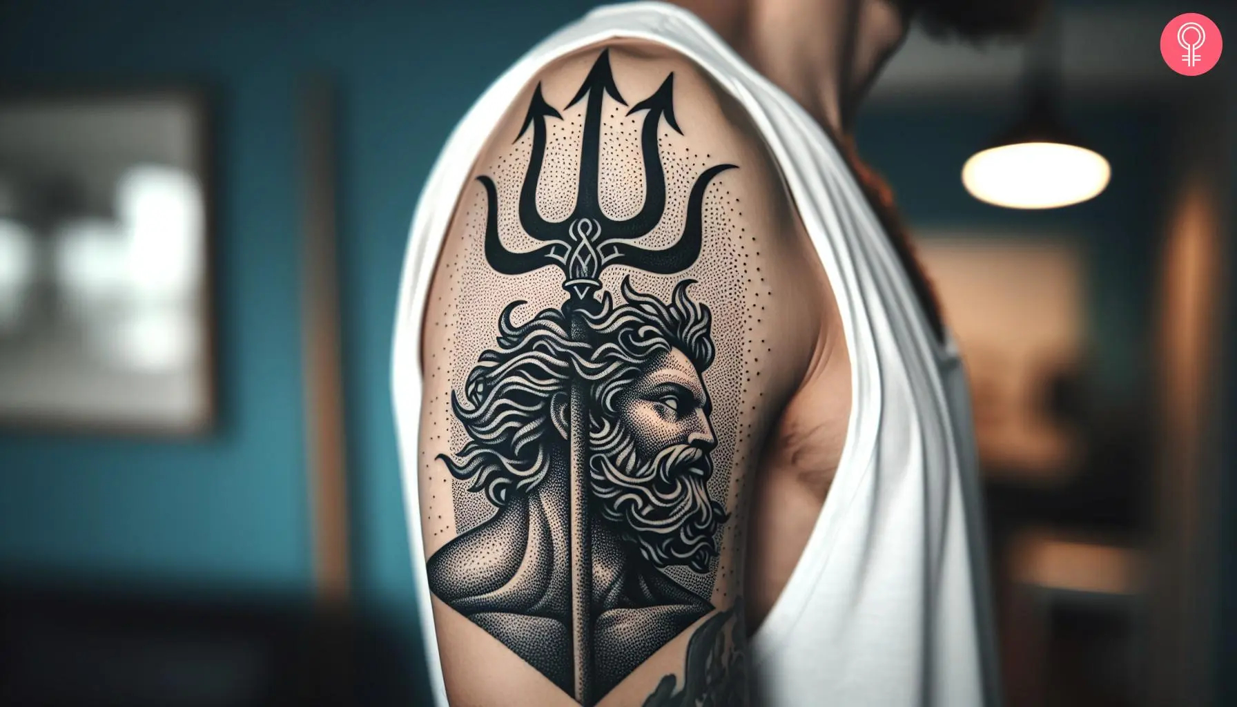 A tattoo on the upper arm of Poseidon holding his trident