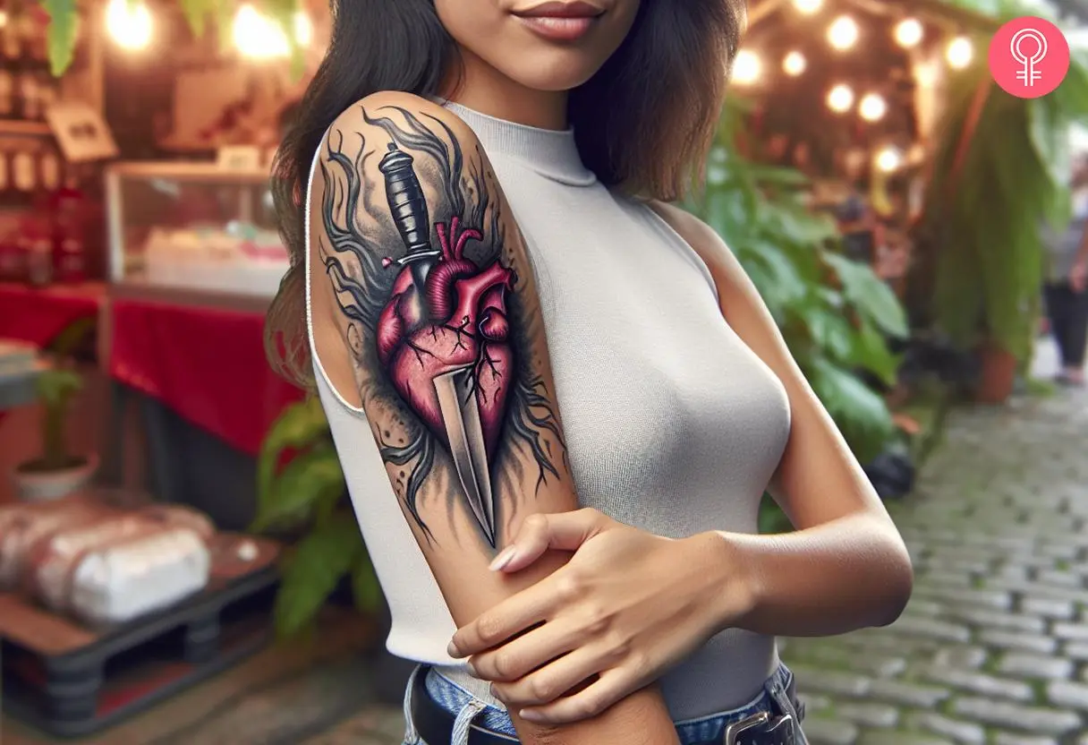 A tattoo with a pink heart and a knife on the upper arm of a woman